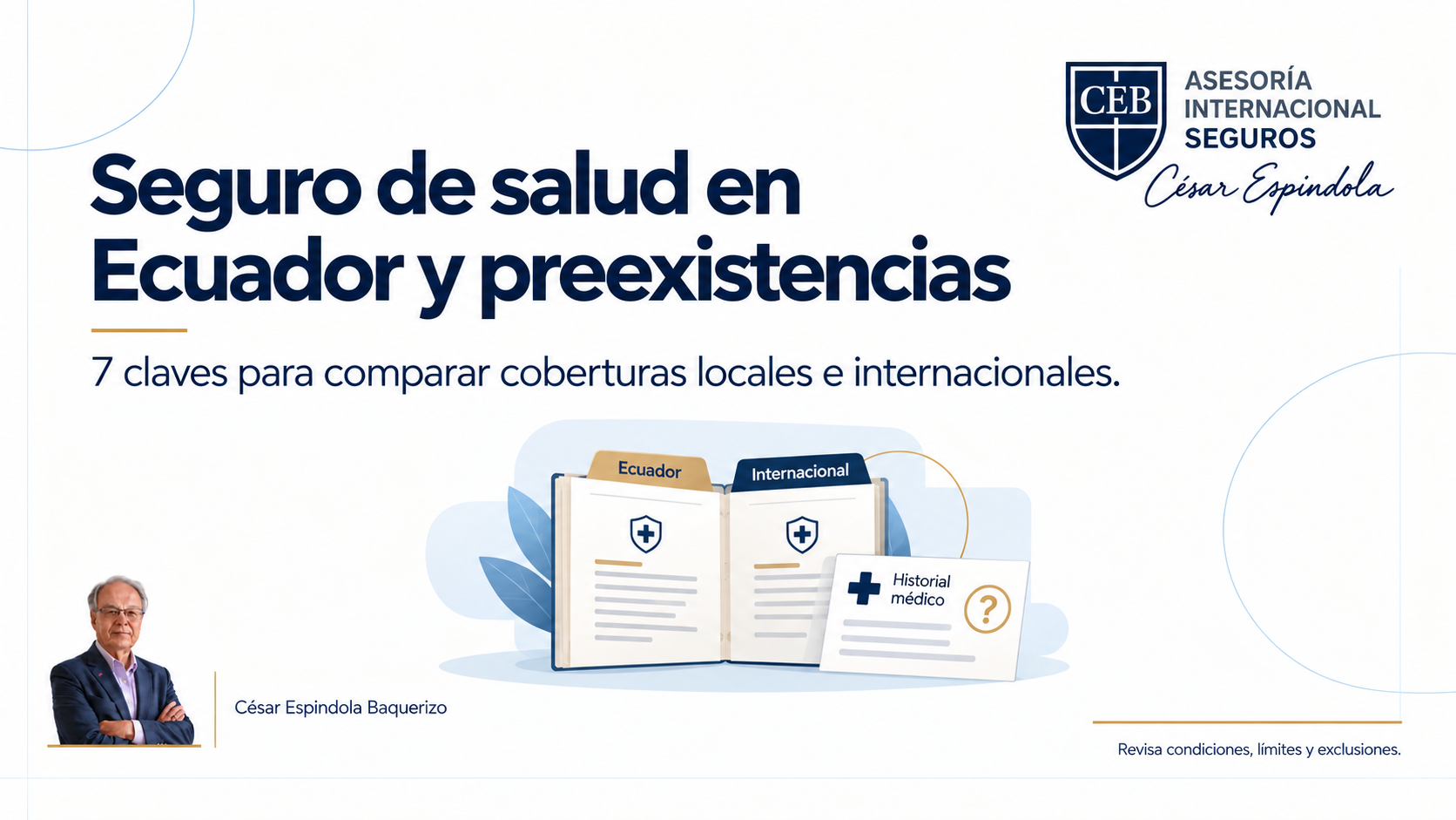 Seguro de salud en Ecuador y preexistencias: pólizas locales e internacionales junto a un historial médico, César Espindola Baquerizo y el logo CEB.