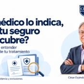 Tratamiento no cubierto por el seguro de salud: ilustración de prescripción, póliza y lupa, con César Espíndola Baquerizo y el logo de CEB.
